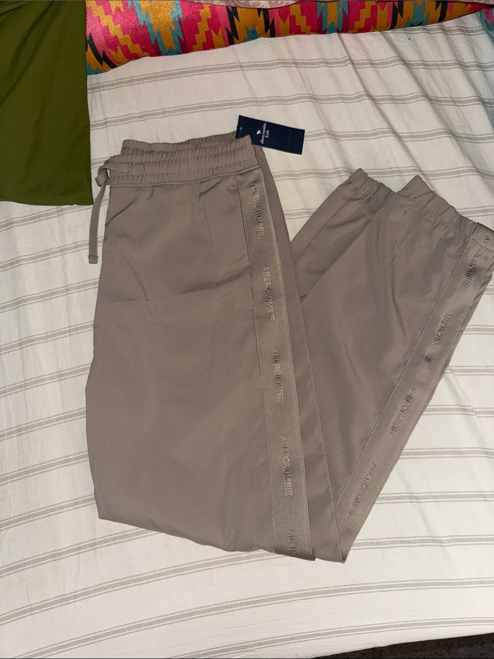 abercrombie kids Taupe Drawstring Joggers with Side Logo Tape